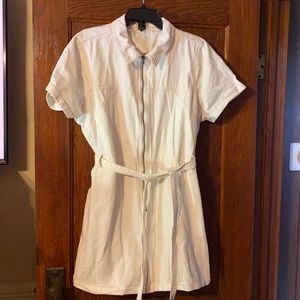 White, shorts one piece with belt.